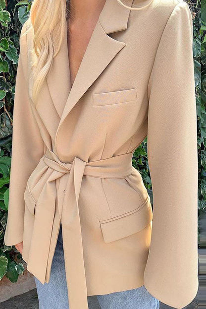 Creamtopmall Solid Color Belted Tunic Jacket