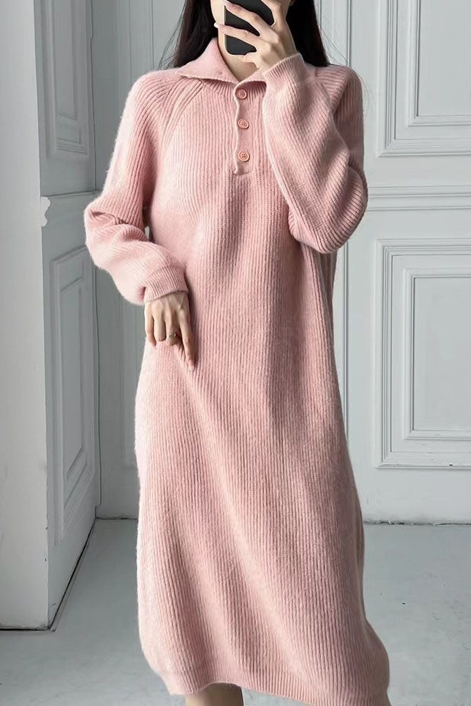 Creamtopmall Solid color buttoned turtleneck knitted dress