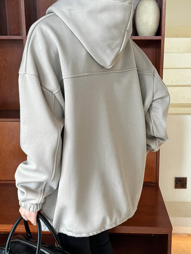 Creamtopmall Half High Collar with Button Details Thick Loose Hoodie