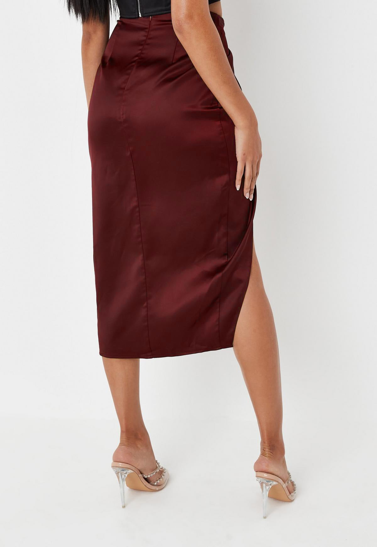 Creamtopmall High Waist Irregular Solid Satin Slit Skirt