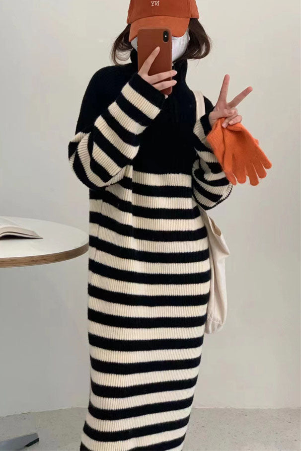 Creamtopmall Zip half turtleneck contrast striped mid-length knitted dress