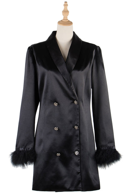 Creamtopmall Black Double Breasted Fur Cuff Satin Suit Dress