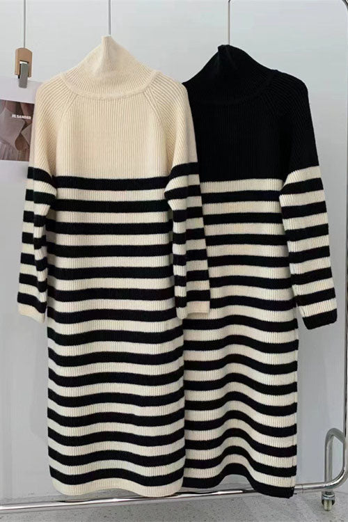 Creamtopmall Zip half turtleneck contrast striped mid-length knitted dress