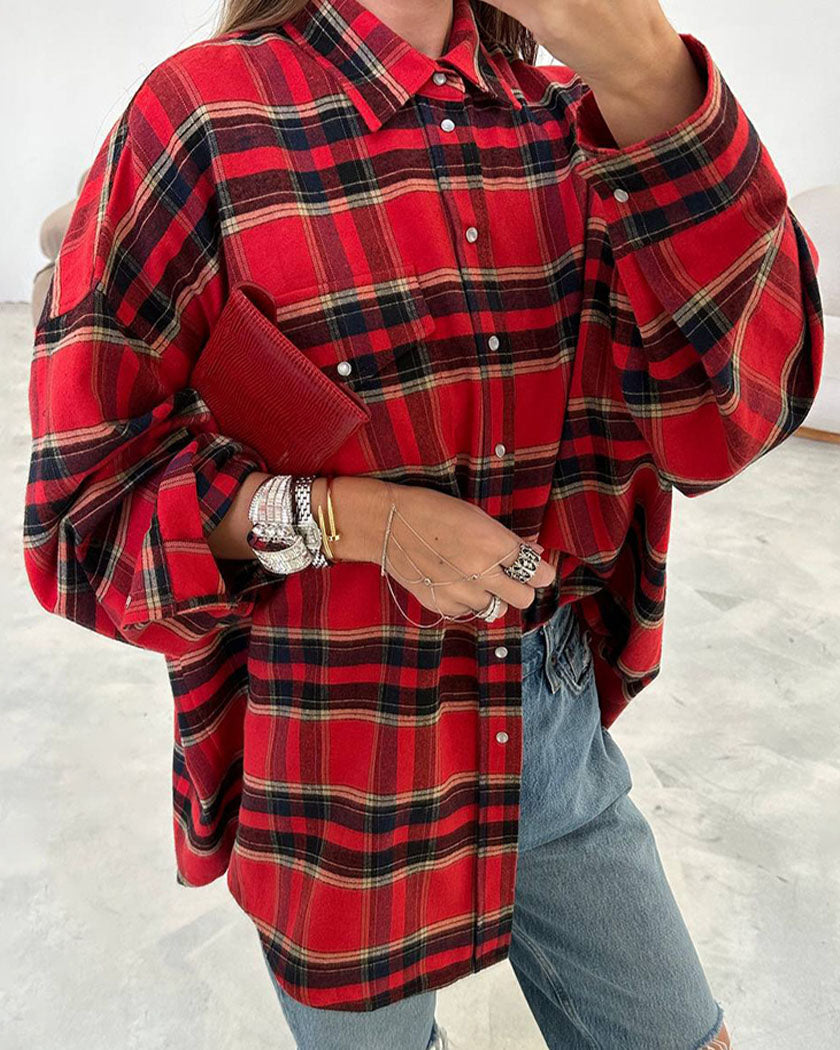 Creamtopmall Notched Lapel Loose-Fit Plaid Long Sleeve Pocket Shirt