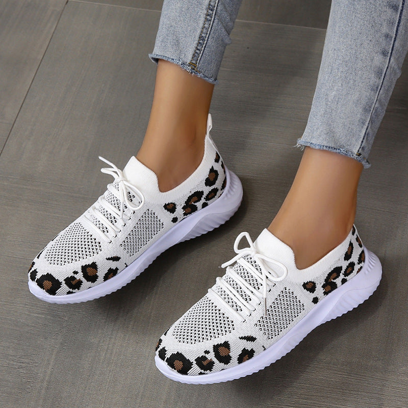 Creamtopmall Flyknit Breathable Leopard Print Color-block Sneakers