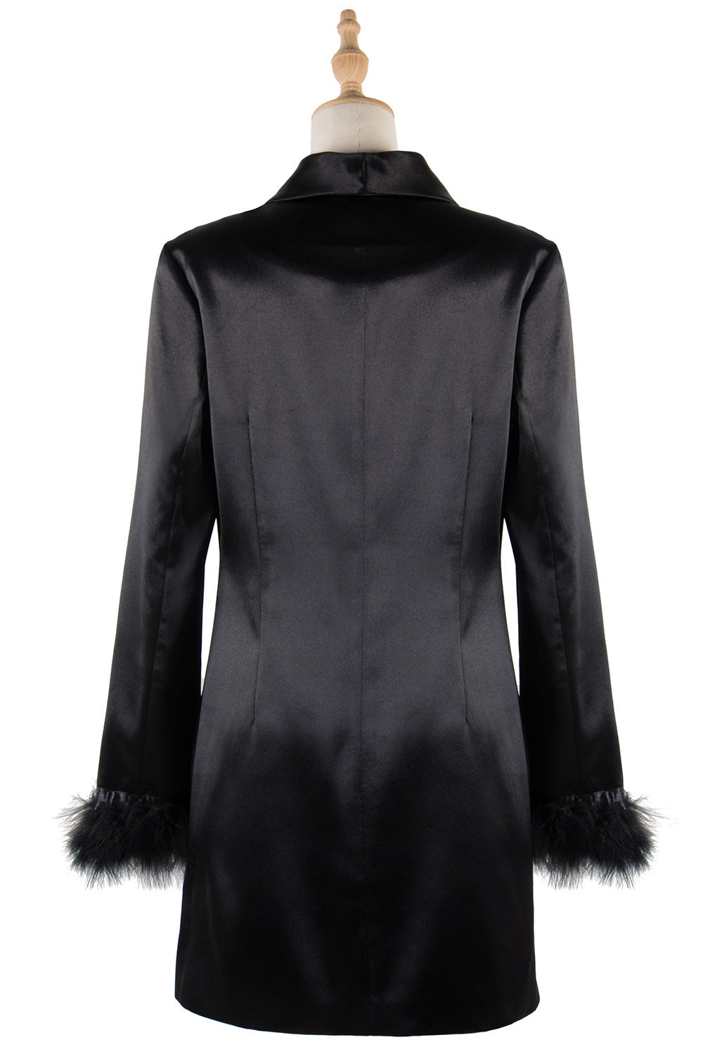 Creamtopmall Black Double Breasted Fur Cuff Satin Suit Dress