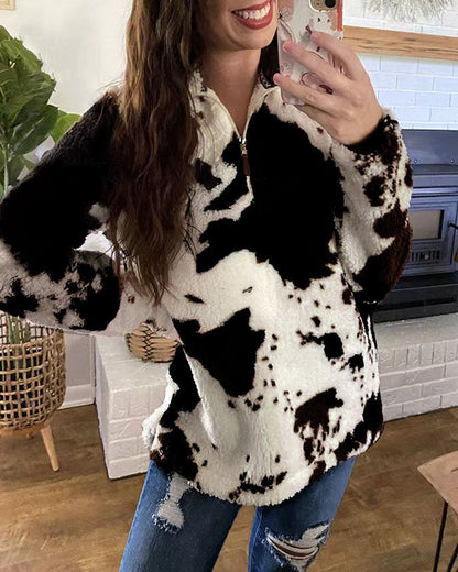 Creamtopmall Cow print polar fleece zipper sweatshirt