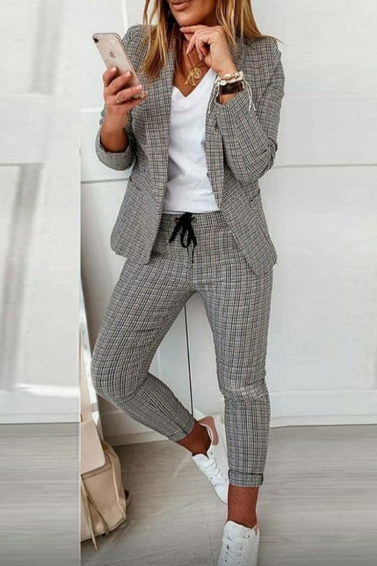 Creamtopmall Lapel Neck Plaid Blazer Coat & Drawstring Pants Set