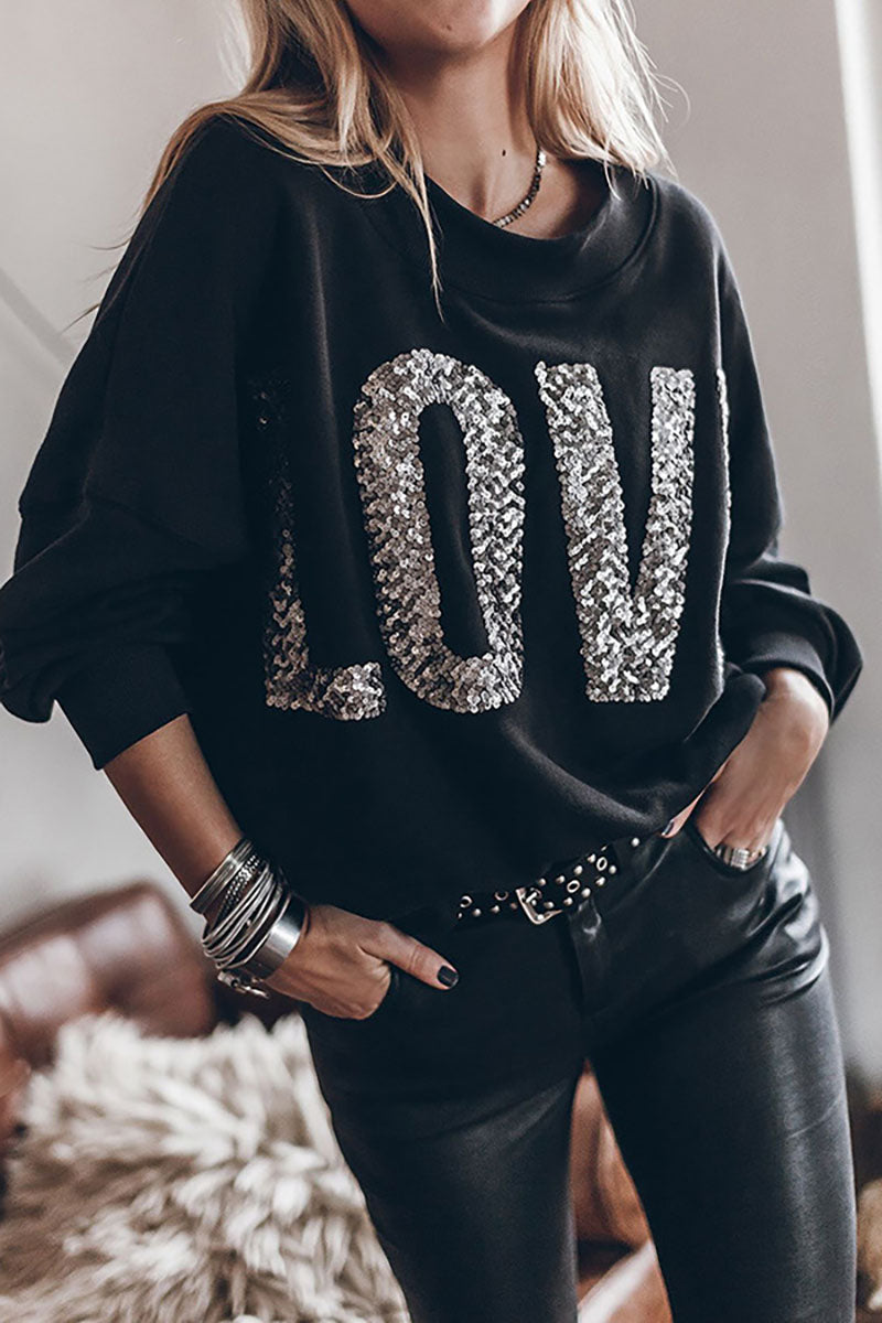 Creamtopmall Bat sleeve sequin LOVE black sweatshirt