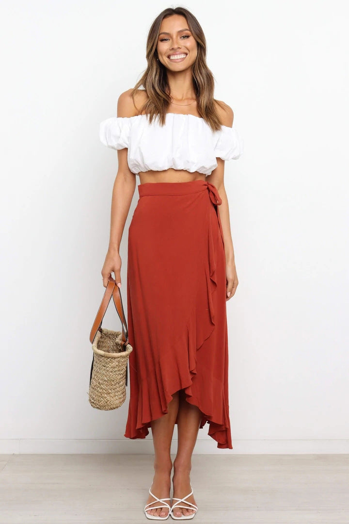 Creamtopmall One Piece Tie Irregular Hip Pack Solid Color Skirt