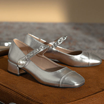 Creamtopmall Silver thick heel round toe Mary Jane shoes