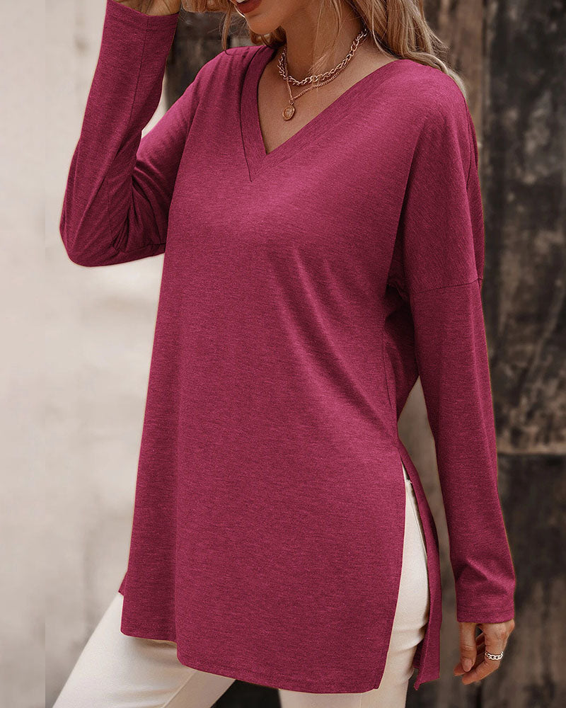 Creamtopmall Loose hem slit knitted long-sleeved T-shirt