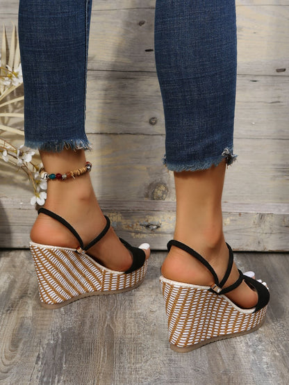 Creamtopmall Black strappy wedge platform sandals