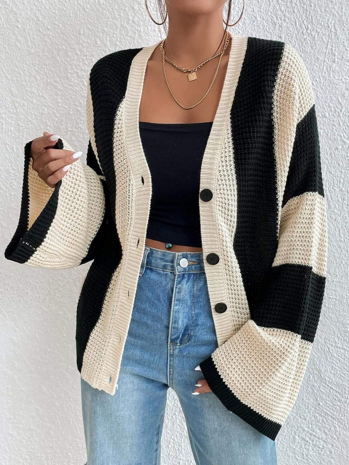 Creamtopmall Striped contrast bell sleeve knitted cardigan