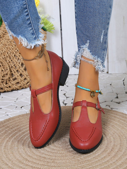 Creamtopmall Thick heel square buckle hollow leather shoes