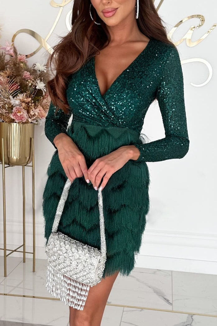 Creamtopmall Deep V long-sleeved sequined plush patchwork dress