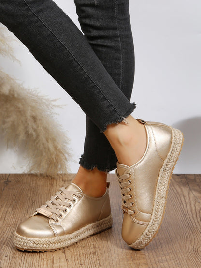 Creamtopmall Gold twine braided bottom lace-up sneakers