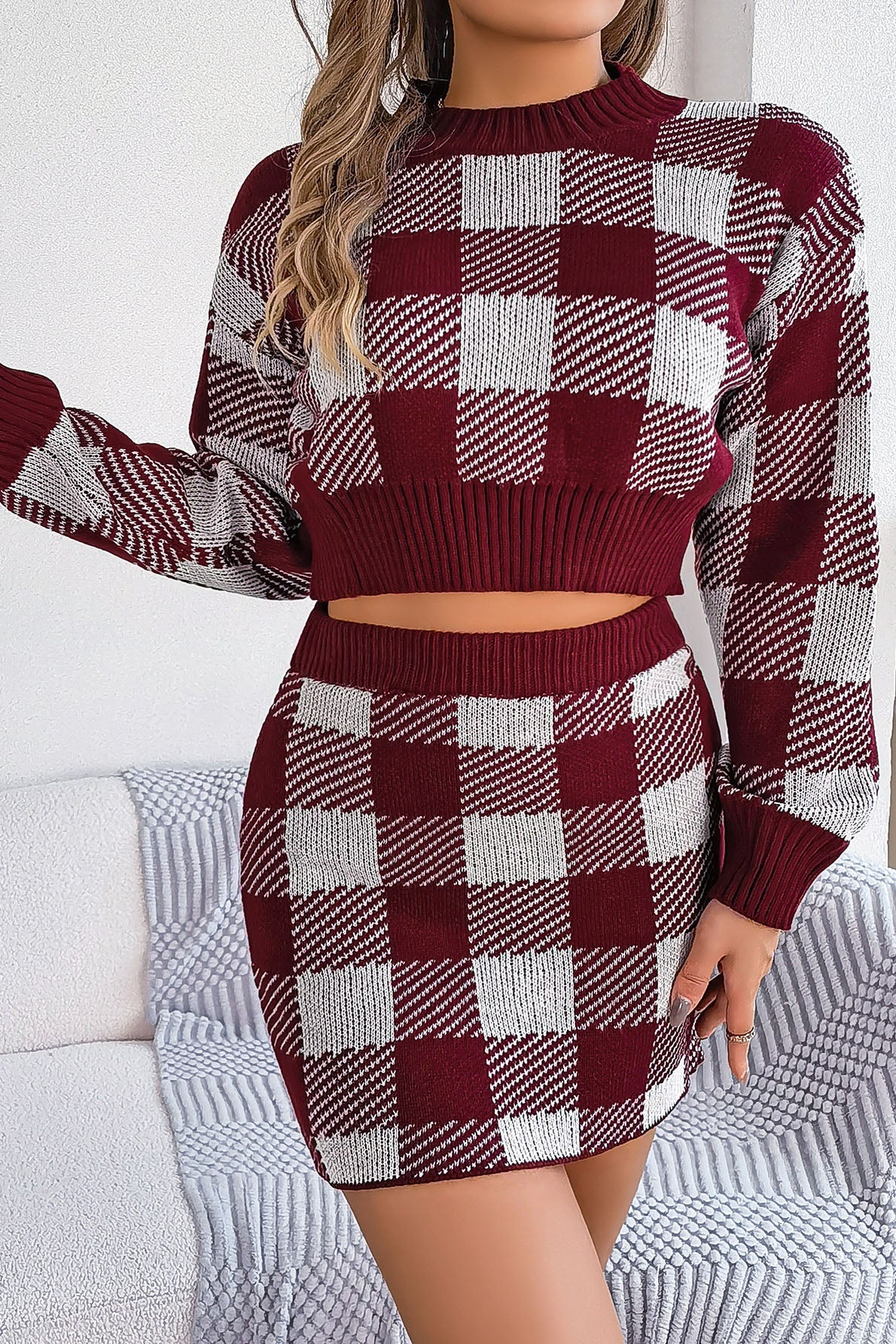 Creamtopmall Plaid long sleeve short sweater skirt suit