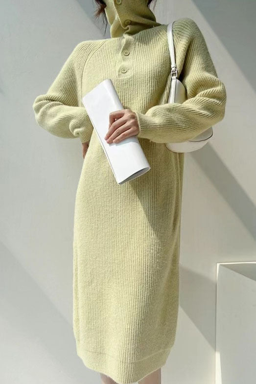 Creamtopmall Solid color buttoned turtleneck knitted dress