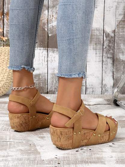 Creamtopmall Thick wedge strappy studded sandals