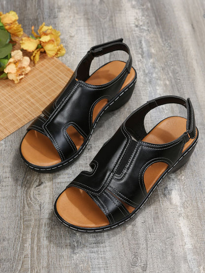 Creamtopmall Velcro-stitched cutout chunky heel open toe sandals