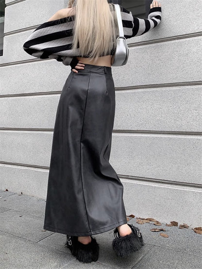 Creamtopmall Slit PU high waist half retro long skirt