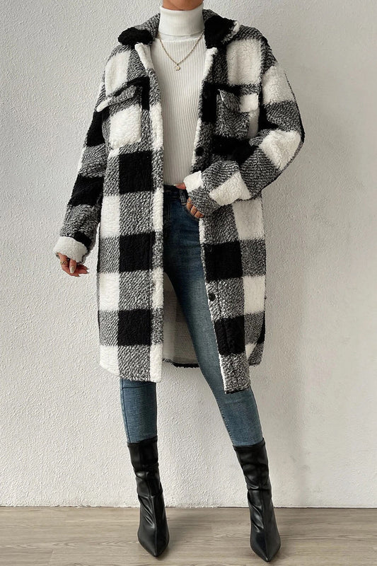 Creamtopmall Button Front Long Sleeve Plaid Pattern Teddy Coat