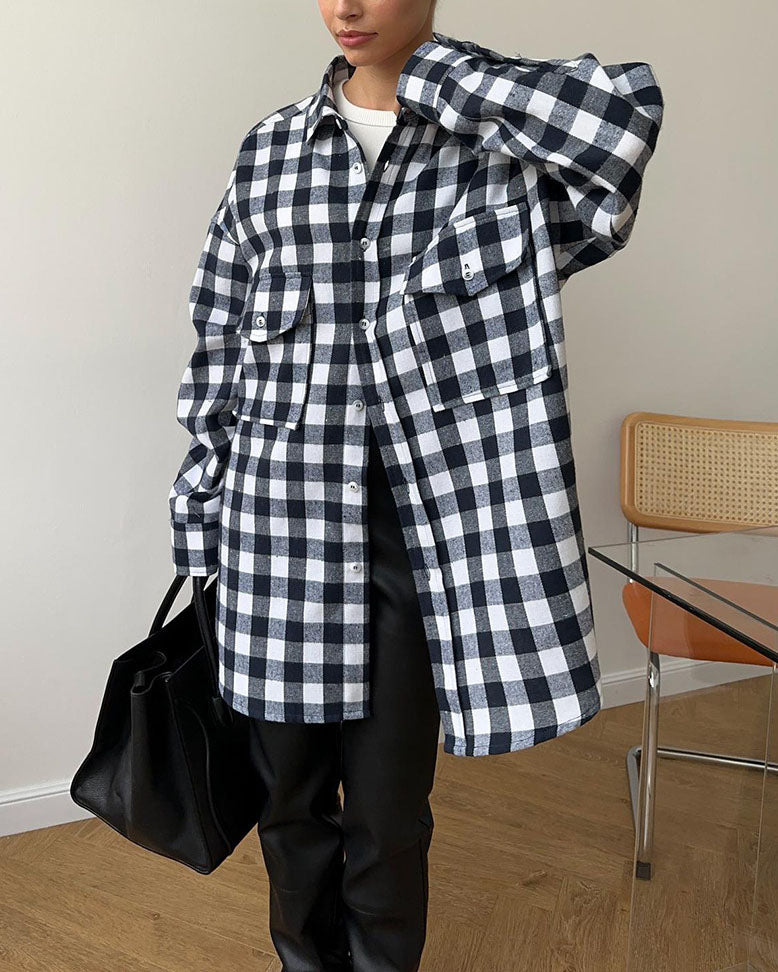 Creamtopmall Dual Pocket and Check Stripes Vintage Mid-Length Shirt