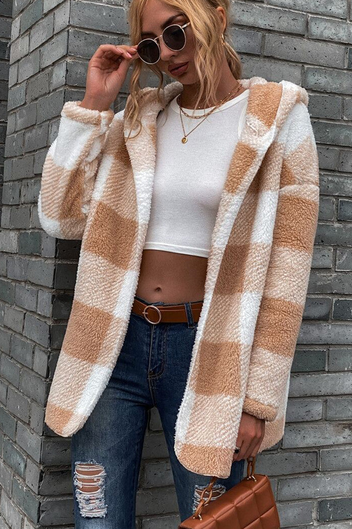 Creamtopmall Double-sided Lamb Loose Hooded Plaid Cardigan Jacket