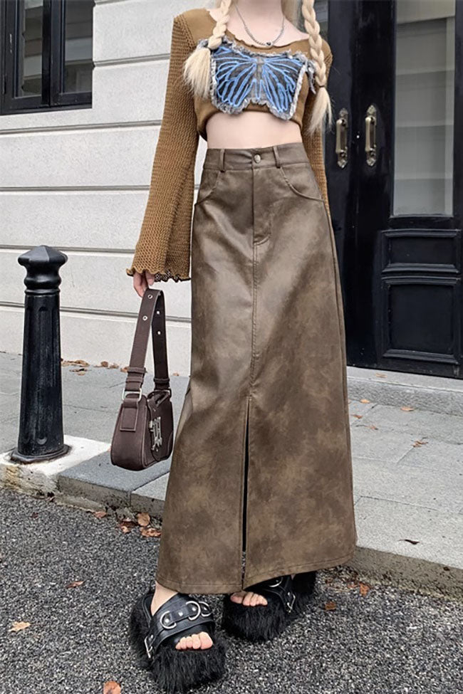 Creamtopmall Slit PU high waist half retro long skirt