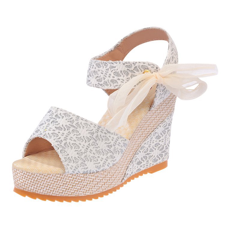 Creamtopmall Lace Bow Wedges Sandals