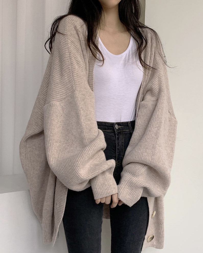 Creamtopmall V-neck single-breasted loose lantern sleeve knitted cardigan