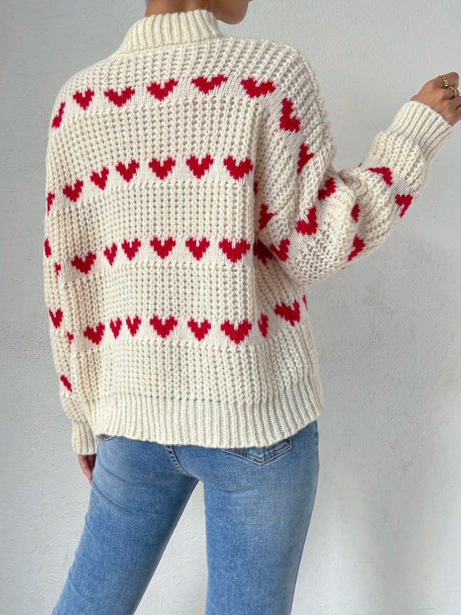 Creamtopmall Half High Neck Loose Fit Love Heart Jacquard Knit Sweater