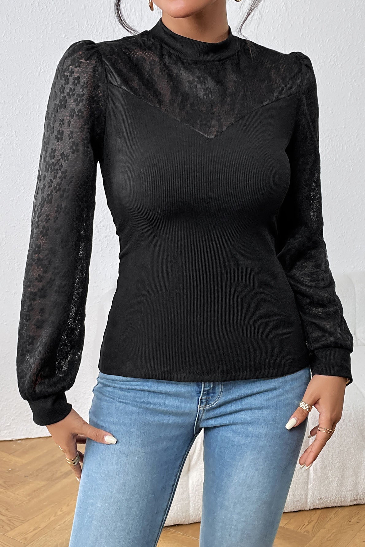 Creamtopmall Half turtleneck lace paneled long-sleeved black top