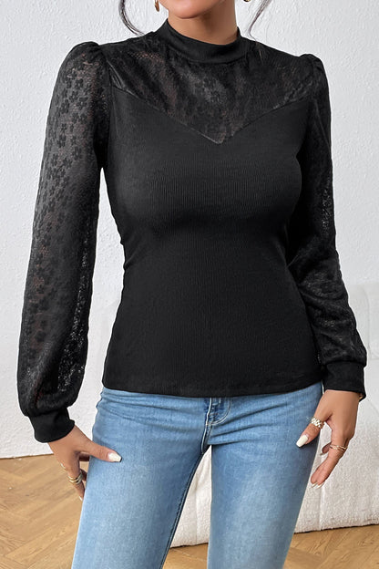 Creamtopmall Half turtleneck lace paneled long-sleeved black top