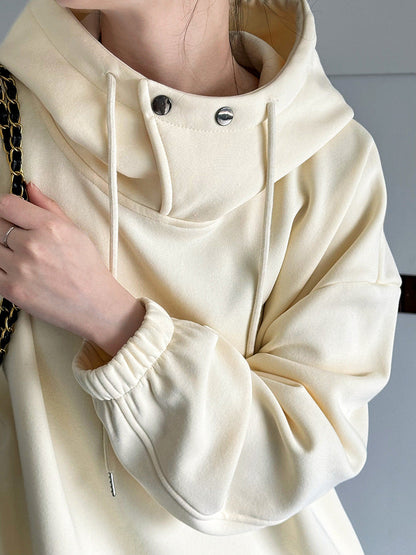 Creamtopmall Half High Collar with Button Details Thick Loose Hoodie