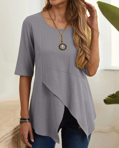 Creamtopmall Irregular round neck mid-sleeve linen top