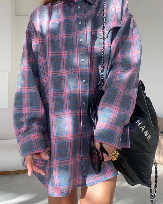 Creamtopmall Notched Lapel Loose-Fit Plaid Long Sleeve Pocket Shirt