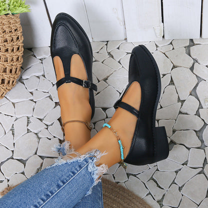 Creamtopmall Thick heel square buckle hollow leather shoes