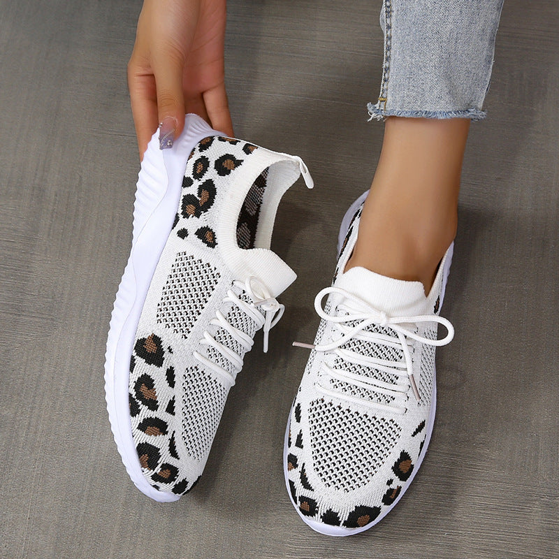 Creamtopmall Flyknit Breathable Leopard Print Color-block Sneakers