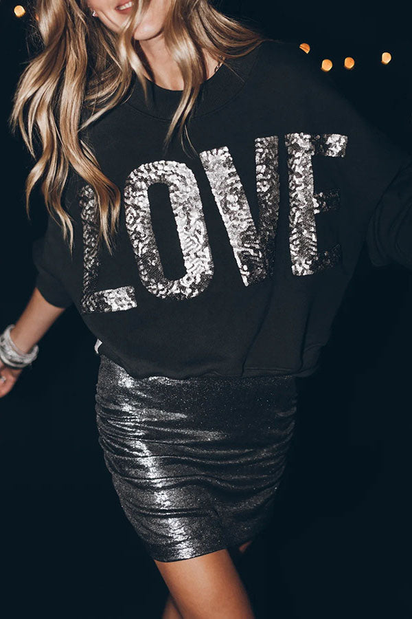 Creamtopmall Bat sleeve sequin LOVE black sweatshirt