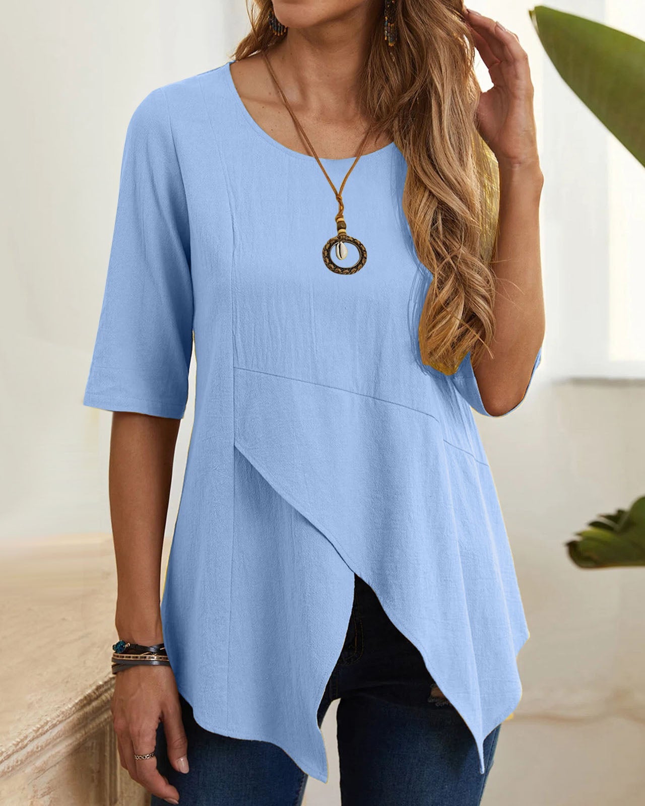 Creamtopmall Irregular round neck mid-sleeve linen top