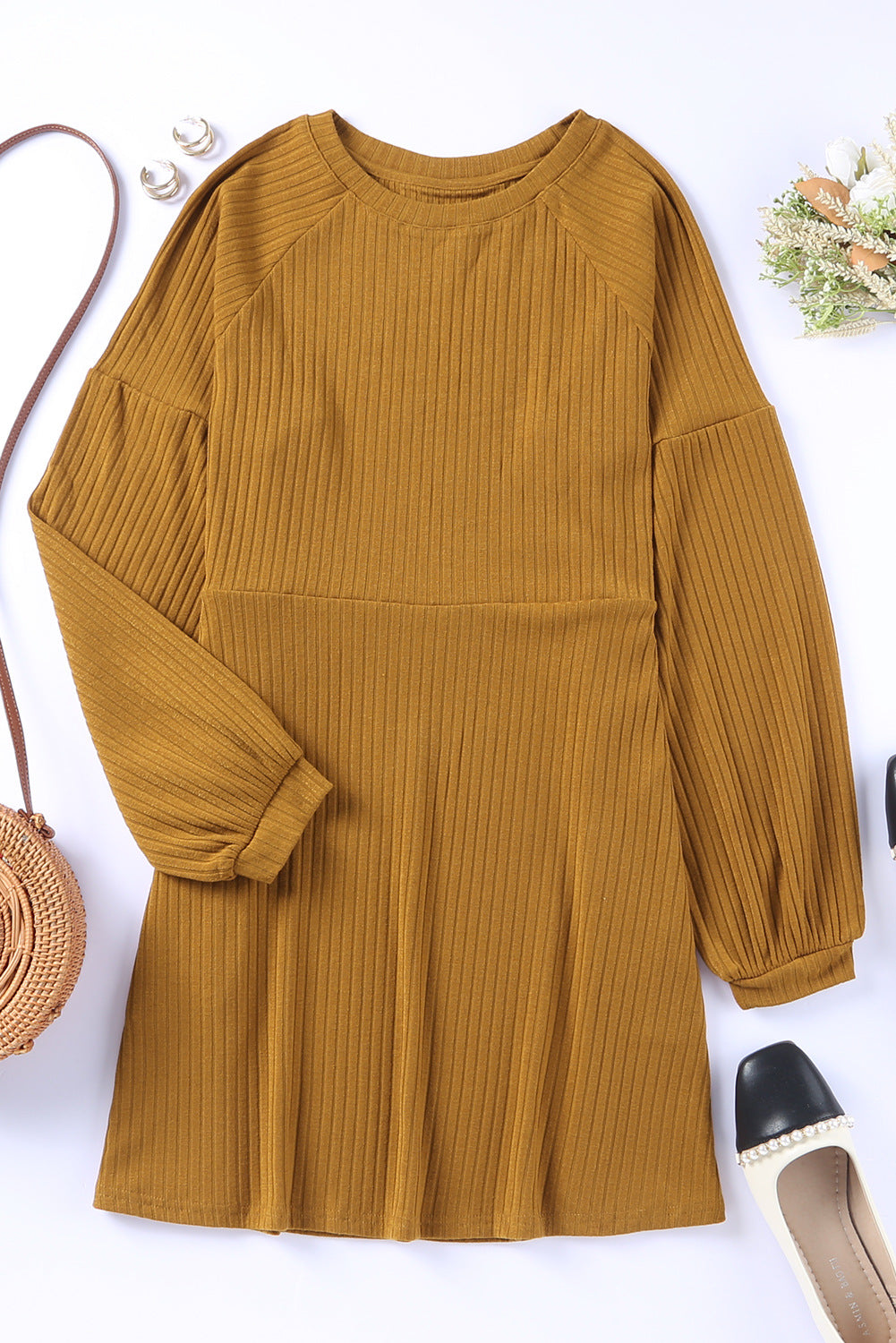 Creamtopmall Solid color round neck high waist knitted midi dress