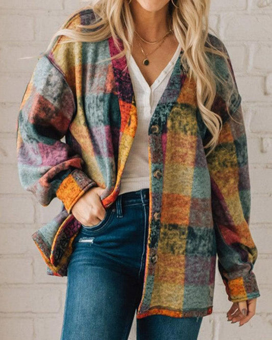 Creamtopmall Loose multicolor plaid collarless jacket