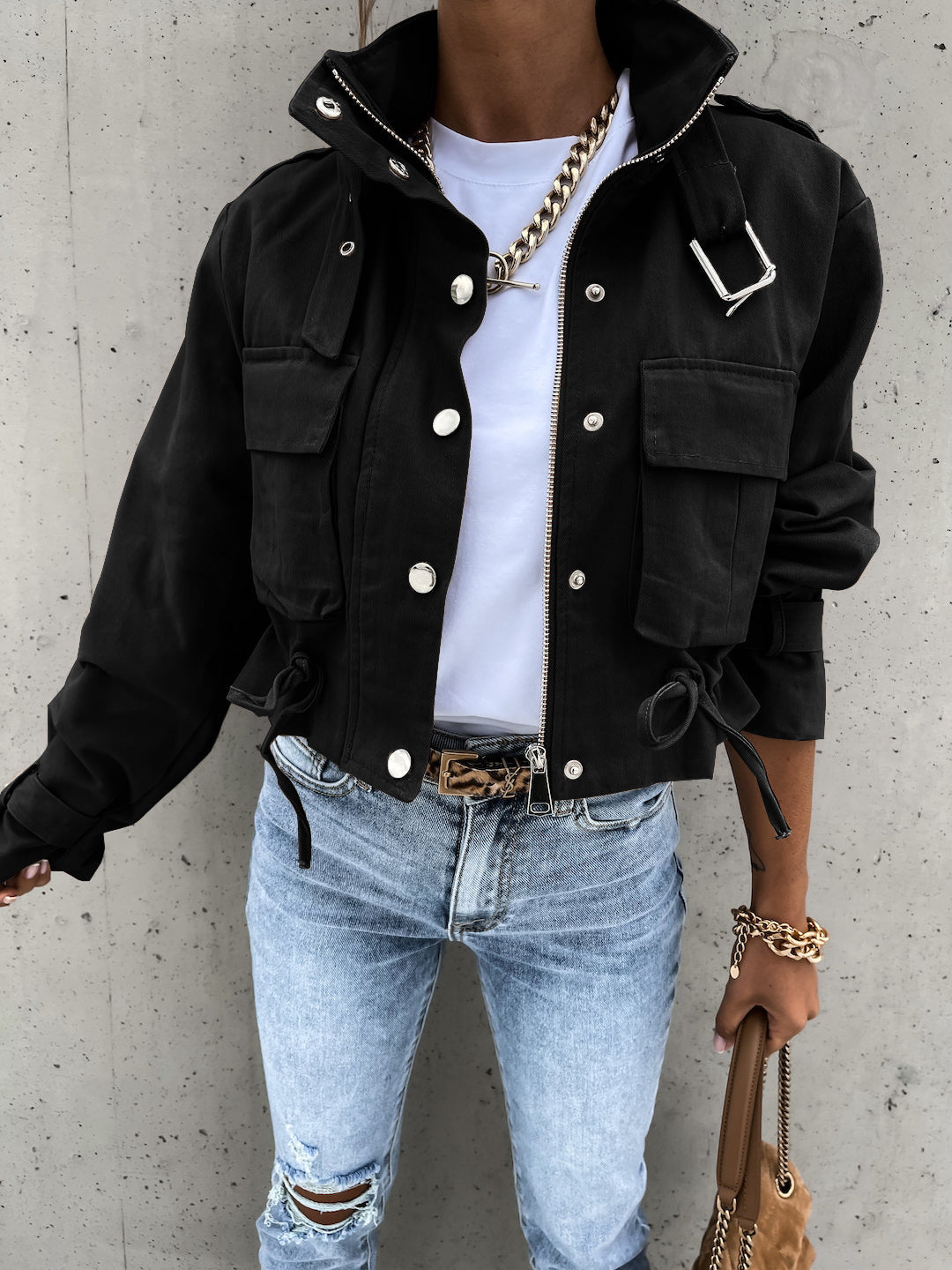 Creamtopmall Back In Town Washed Cropped Biker Jacket