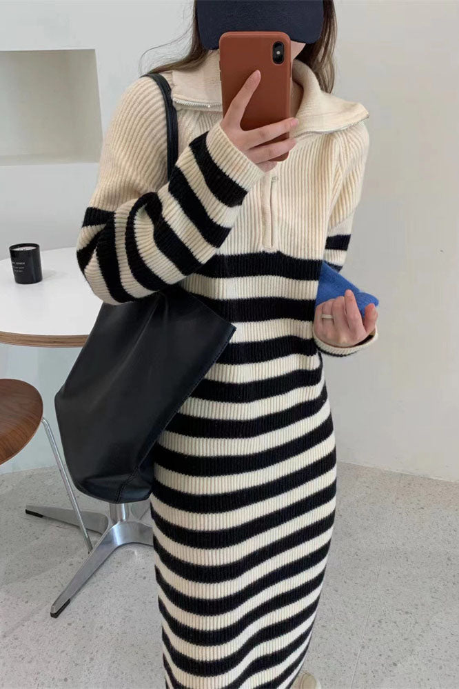 Creamtopmall Zip half turtleneck contrast striped mid-length knitted dress