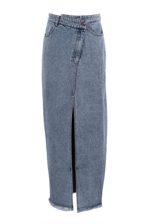 Creamtopmall High Waist Slit Vintage Denim Skirt