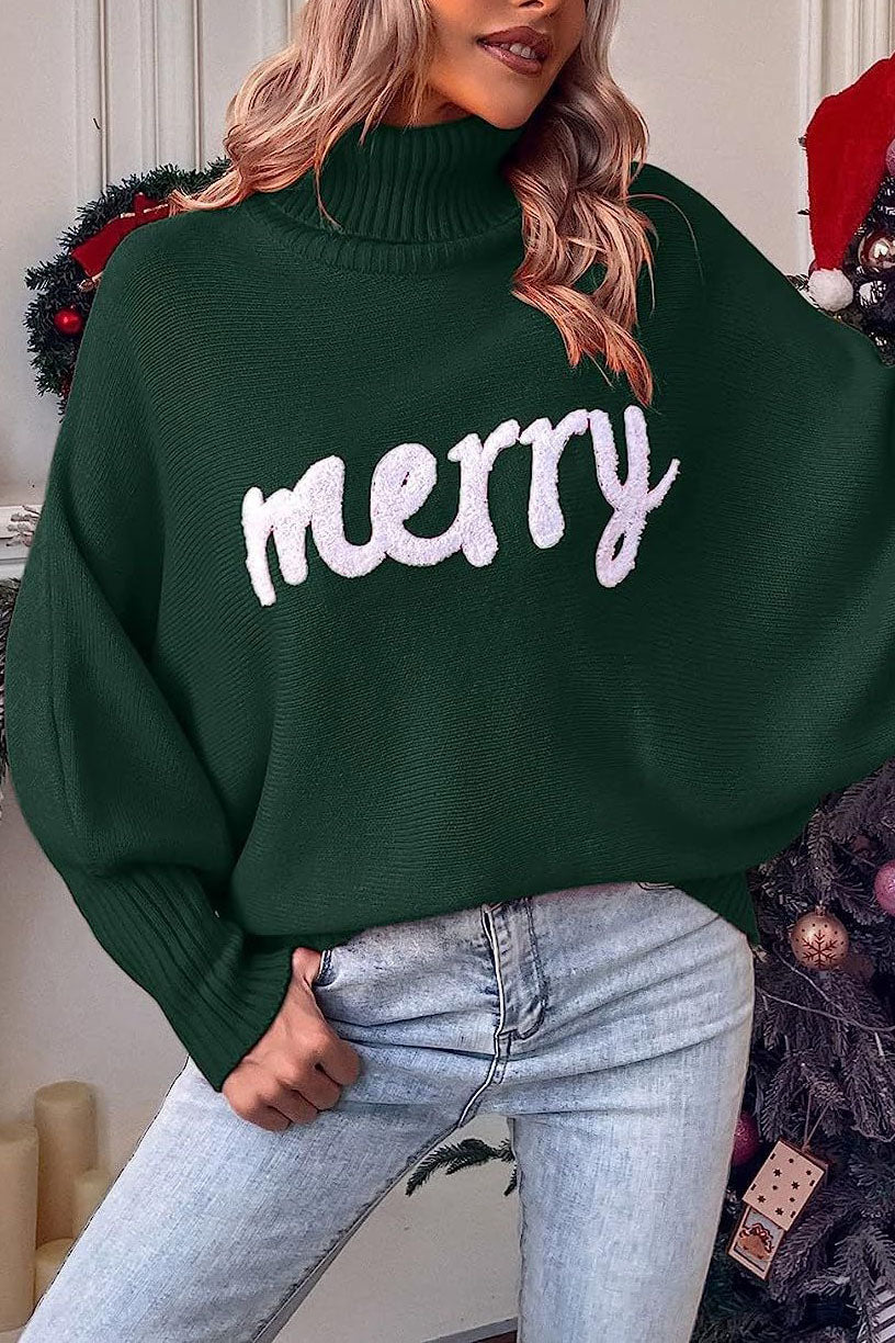 Creamtopmall Merry Holiday turtleneck bat sleeve sweater