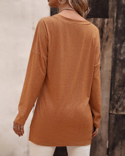 Creamtopmall Loose hem slit knitted long-sleeved T-shirt