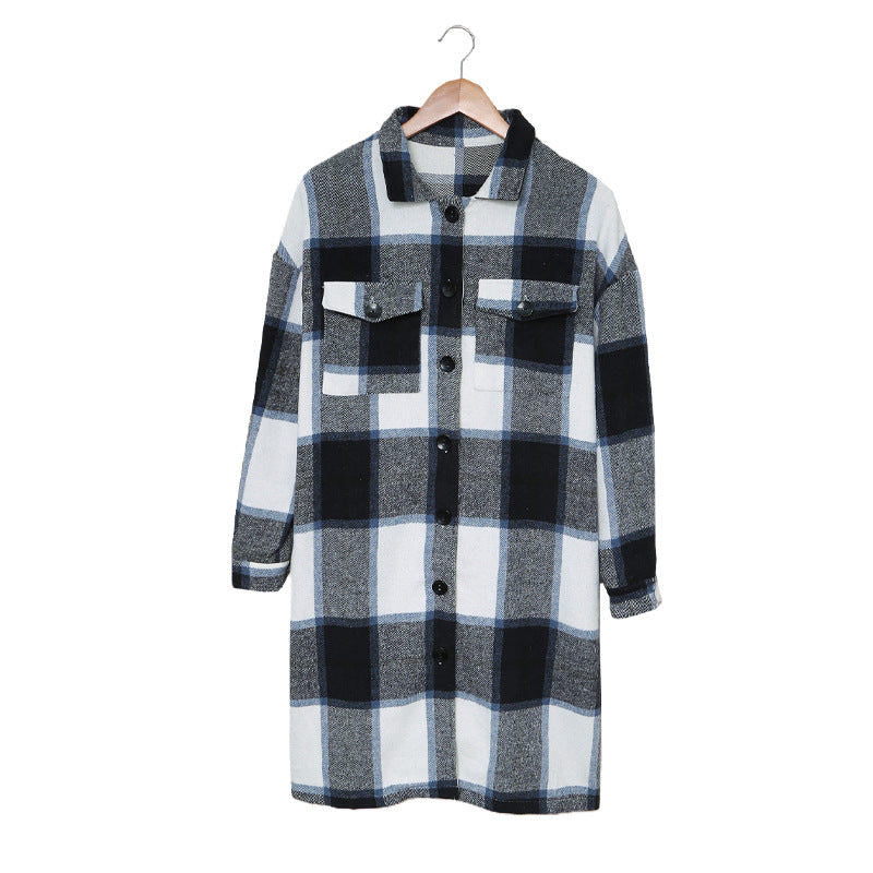 Creamtopmall Lapel Knit Long casual Tweed Plaid Jacket